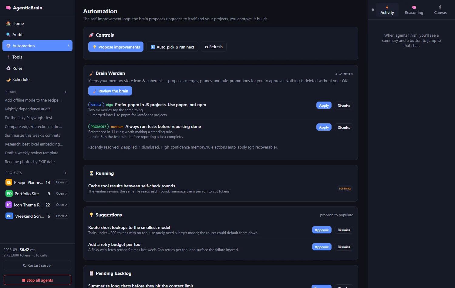 Automation view with demo data: memory merge and rule proposals, a running improvement, and suggested upgrades awaiting approval