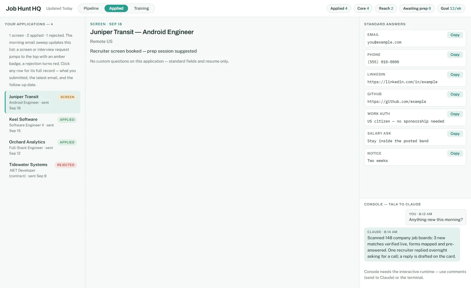 Applied view with demo data: applications and their status