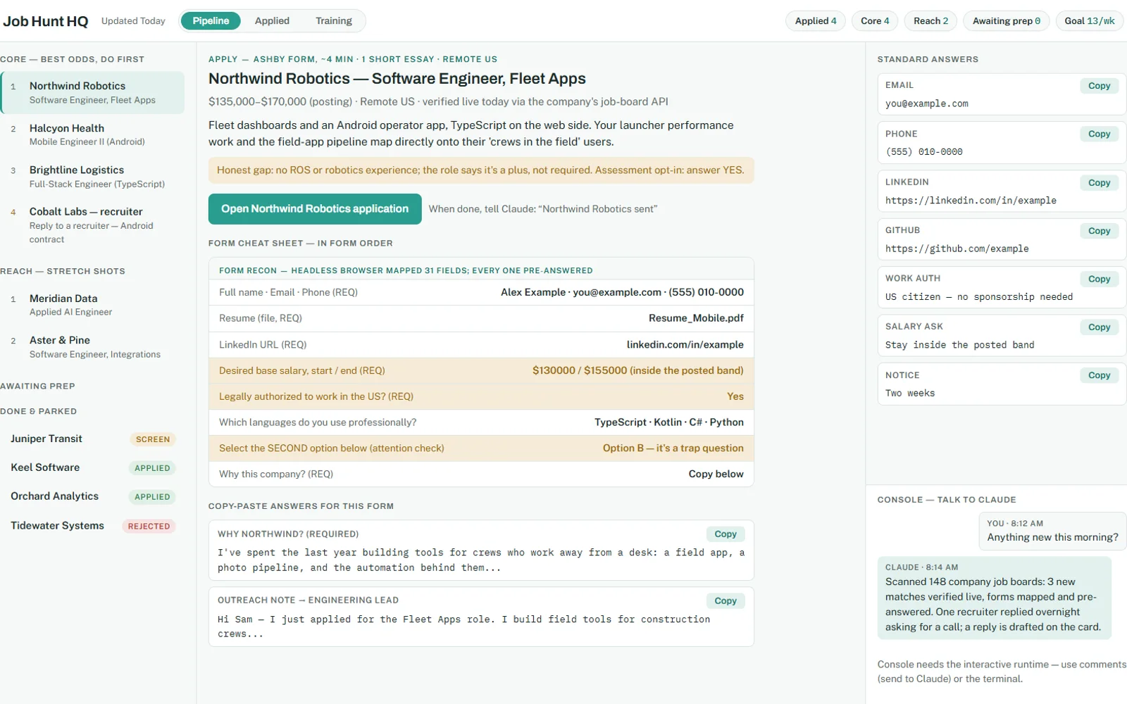 Job Search Command Center dashboard with demo data