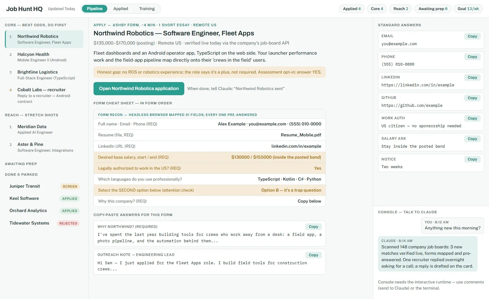 Job Search Command Center pipeline view with invented demo data: a queue of roles, a pre-answered form cheat sheet, standard answers, and a console