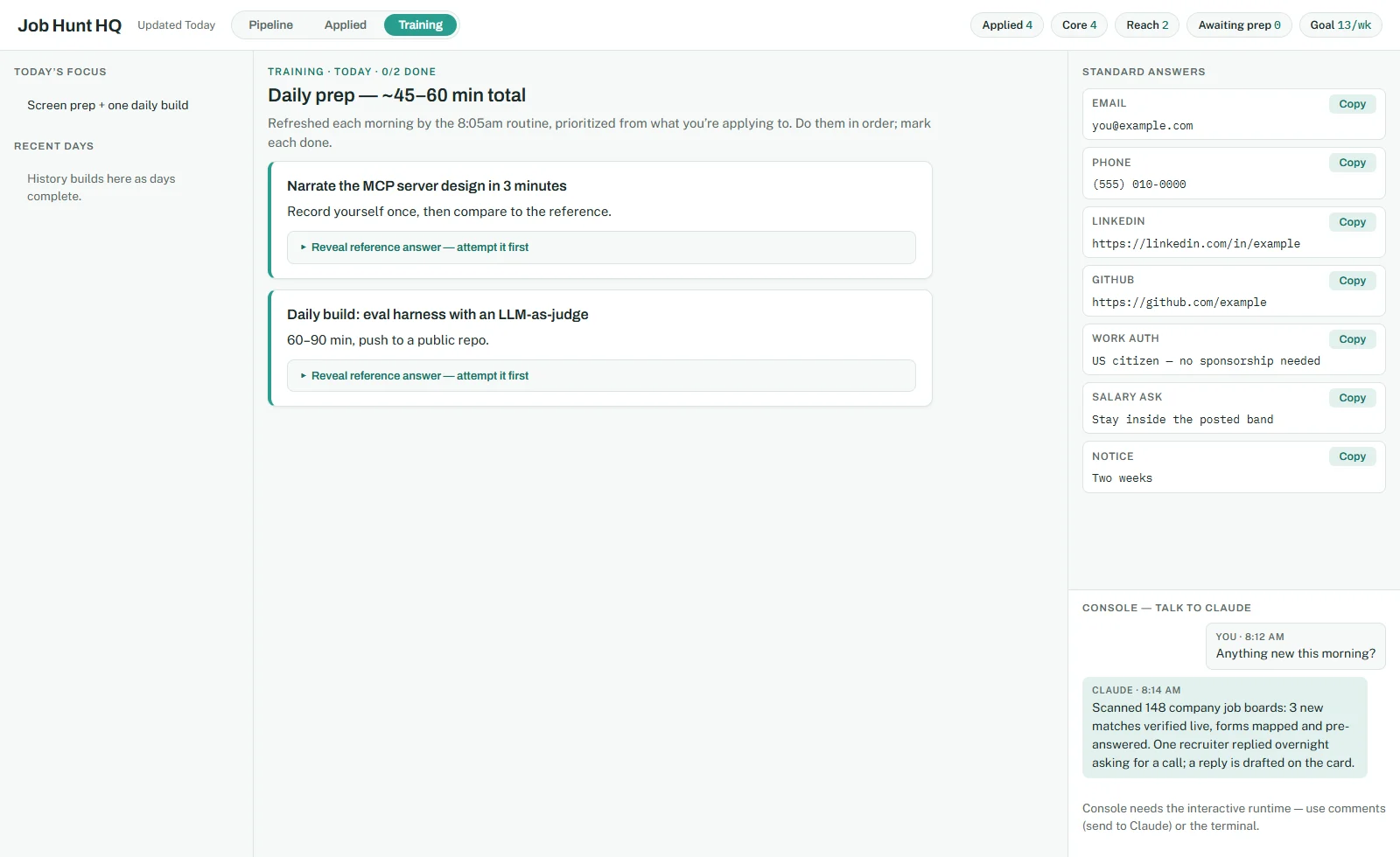 Training view with demo data: daily prep tasks with hidden reference answers