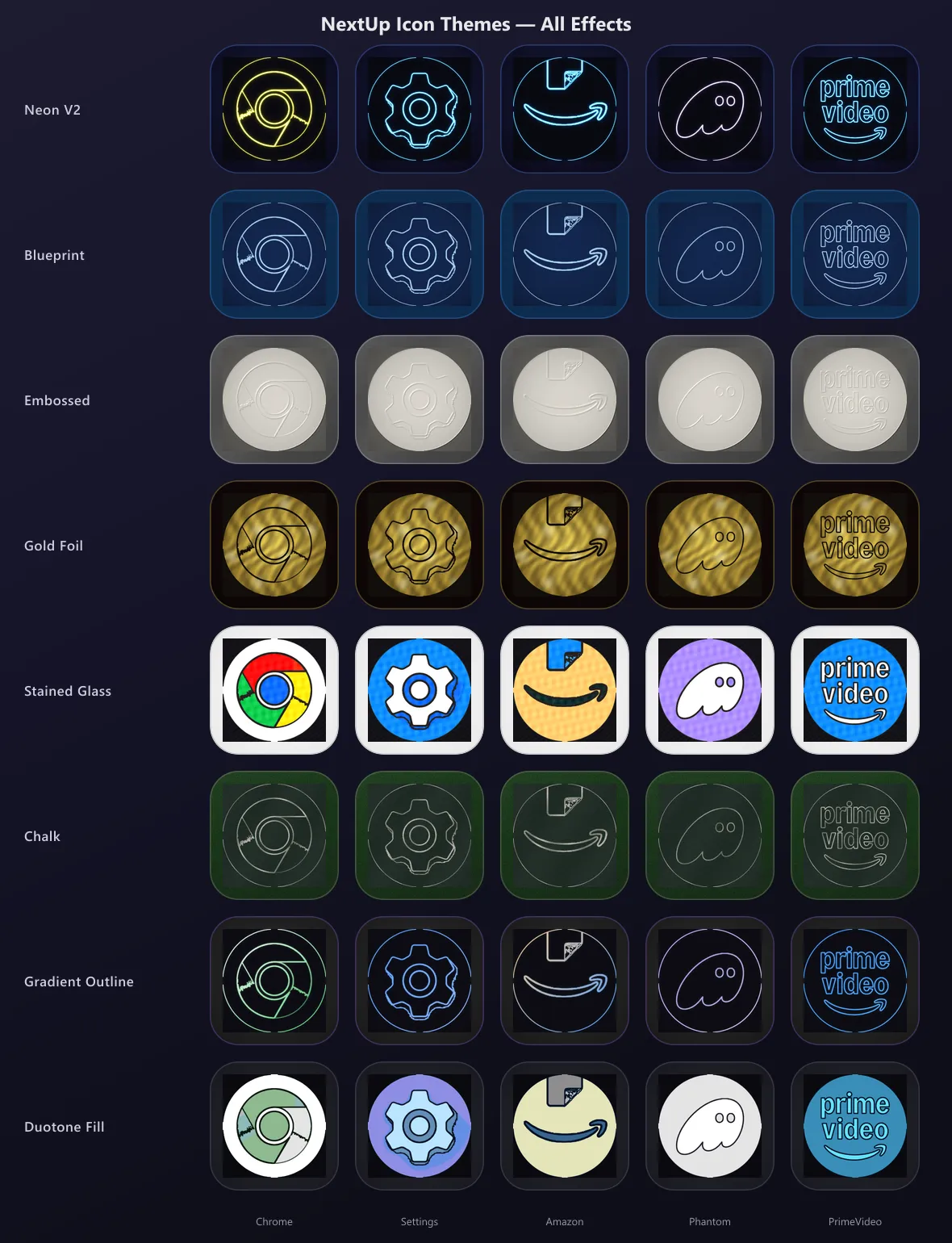 Five app icons rendered in eight effects: neon, blueprint, embossed, gold foil, stained glass, chalk, gradient outline, duotone