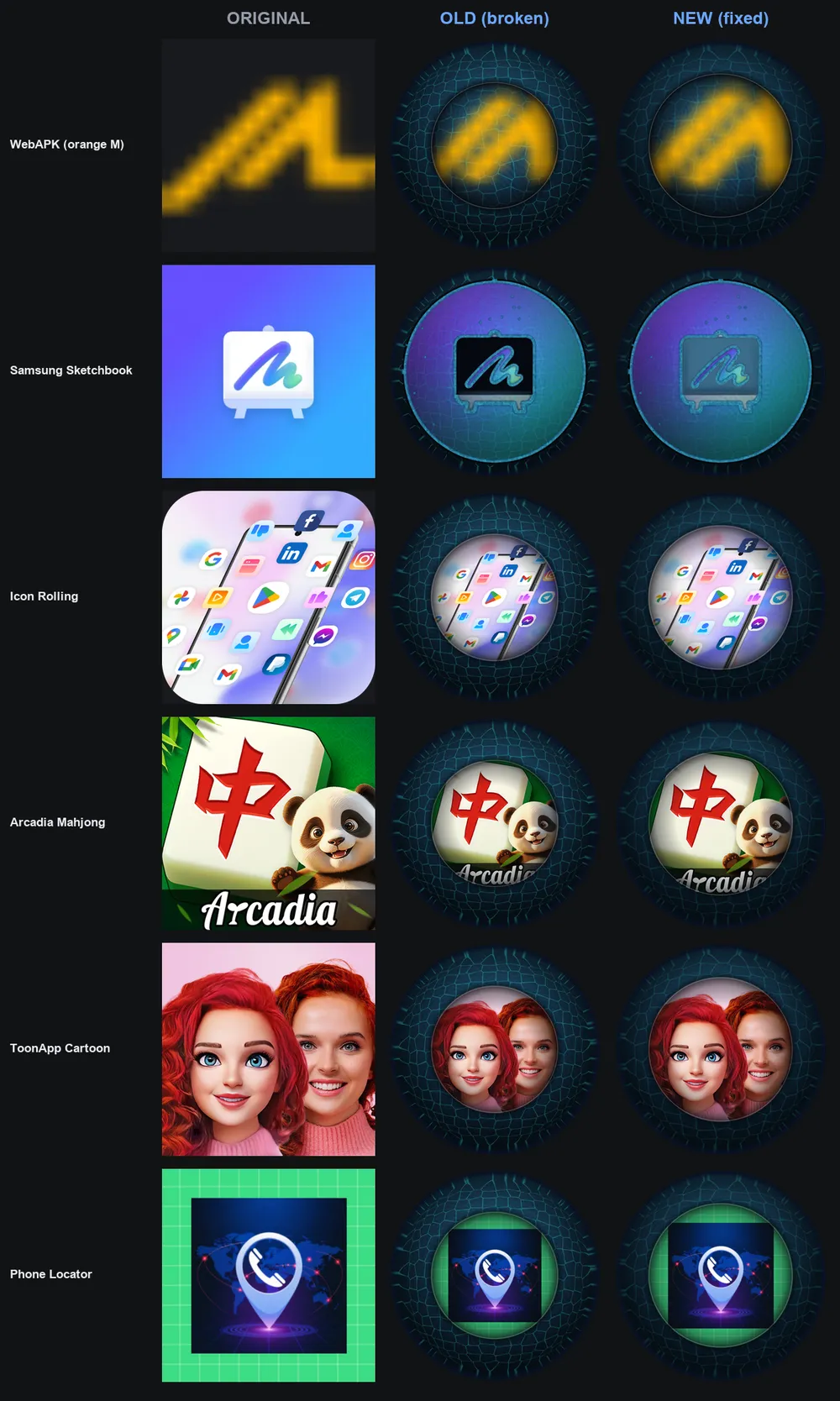 Hard-case icons shown three ways: original, old broken render, and fixed render