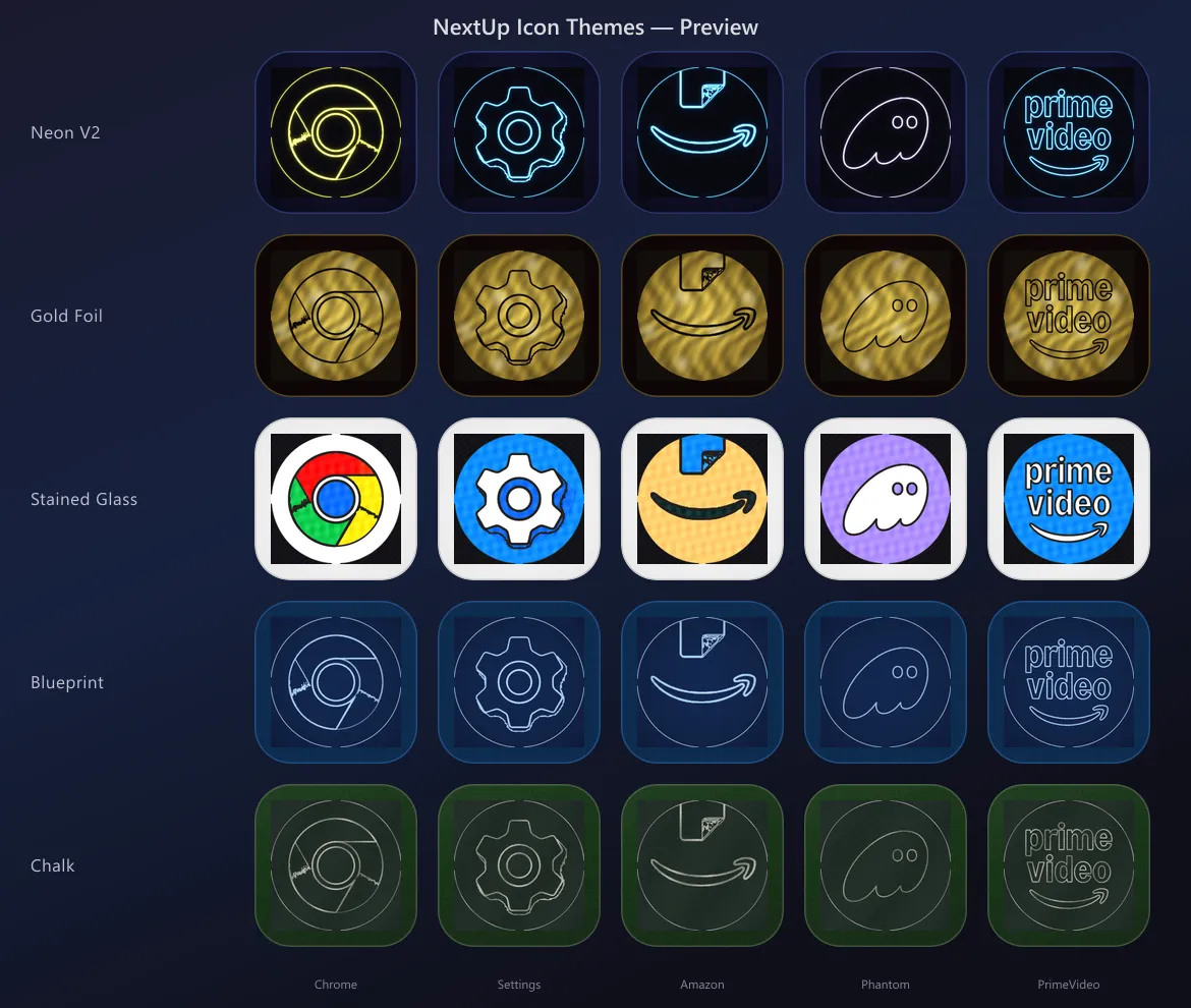 Preview grid comparing theme effects on the same icons