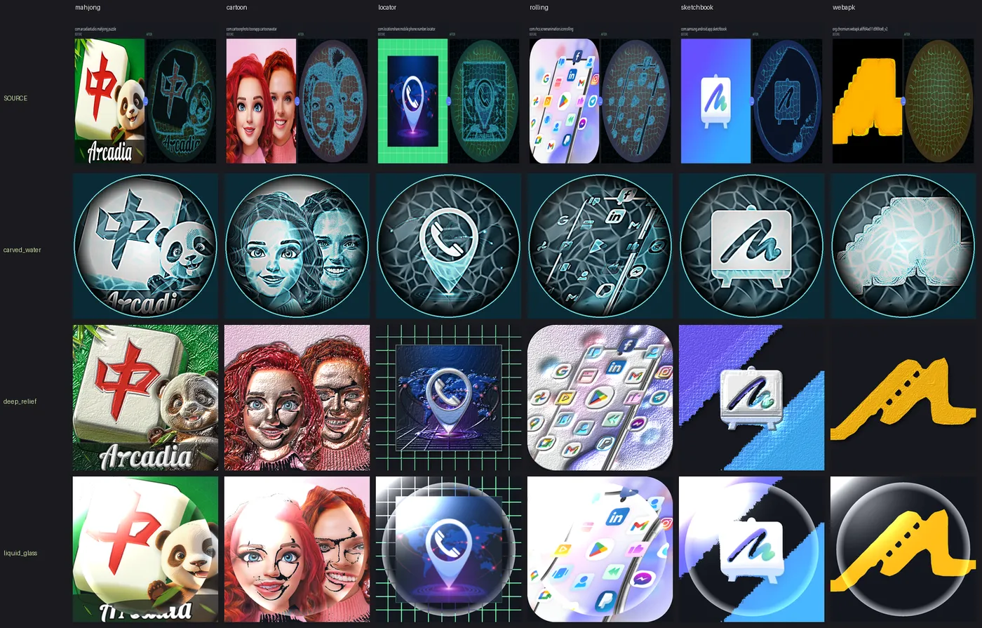 A grid of app icons re-rendered in many different theme styles