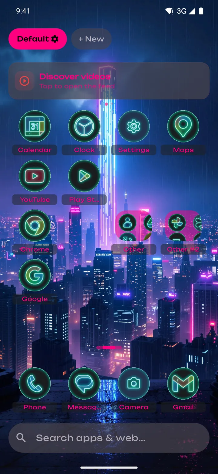 Neon theme: night city skyline with neon-outlined icons