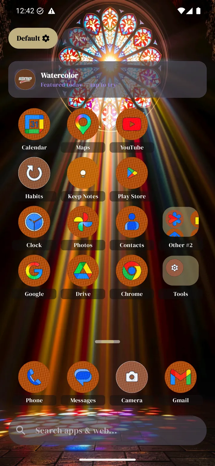 Watercolor theme: stained-glass window light with warm icons