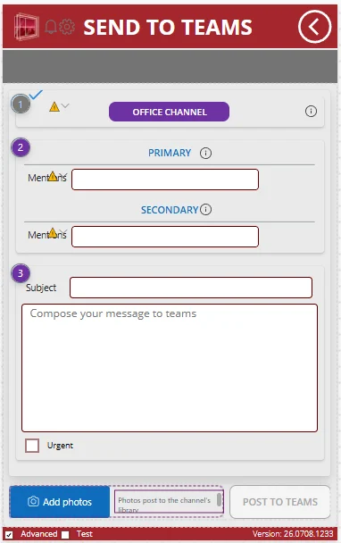 Compose screen: channel, primary and secondary mentions, subject, message, urgent flag, add photos