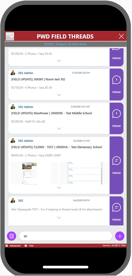 Field app on a phone: the feed of field updates for a test job