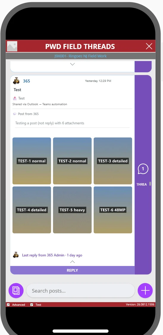 Field app on a phone: a test post with six photos in a job thread
