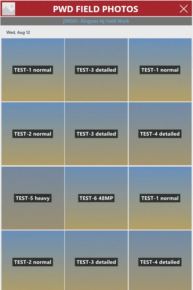 Photo gallery for a test job: a grid of test images grouped by date