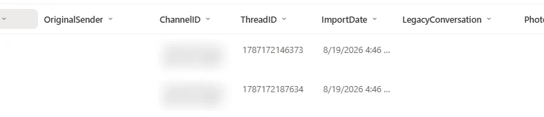 Photo library columns: original sender, channel ID, thread ID, import date, legacy conversation