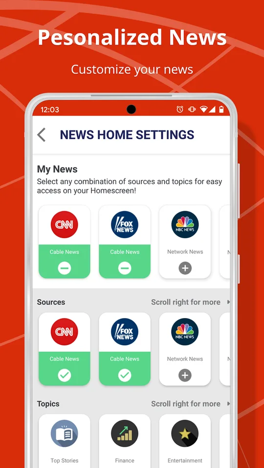 News Home settings: choose news sources and topics