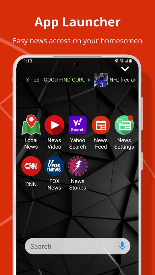 The launcher home screen with news shortcuts