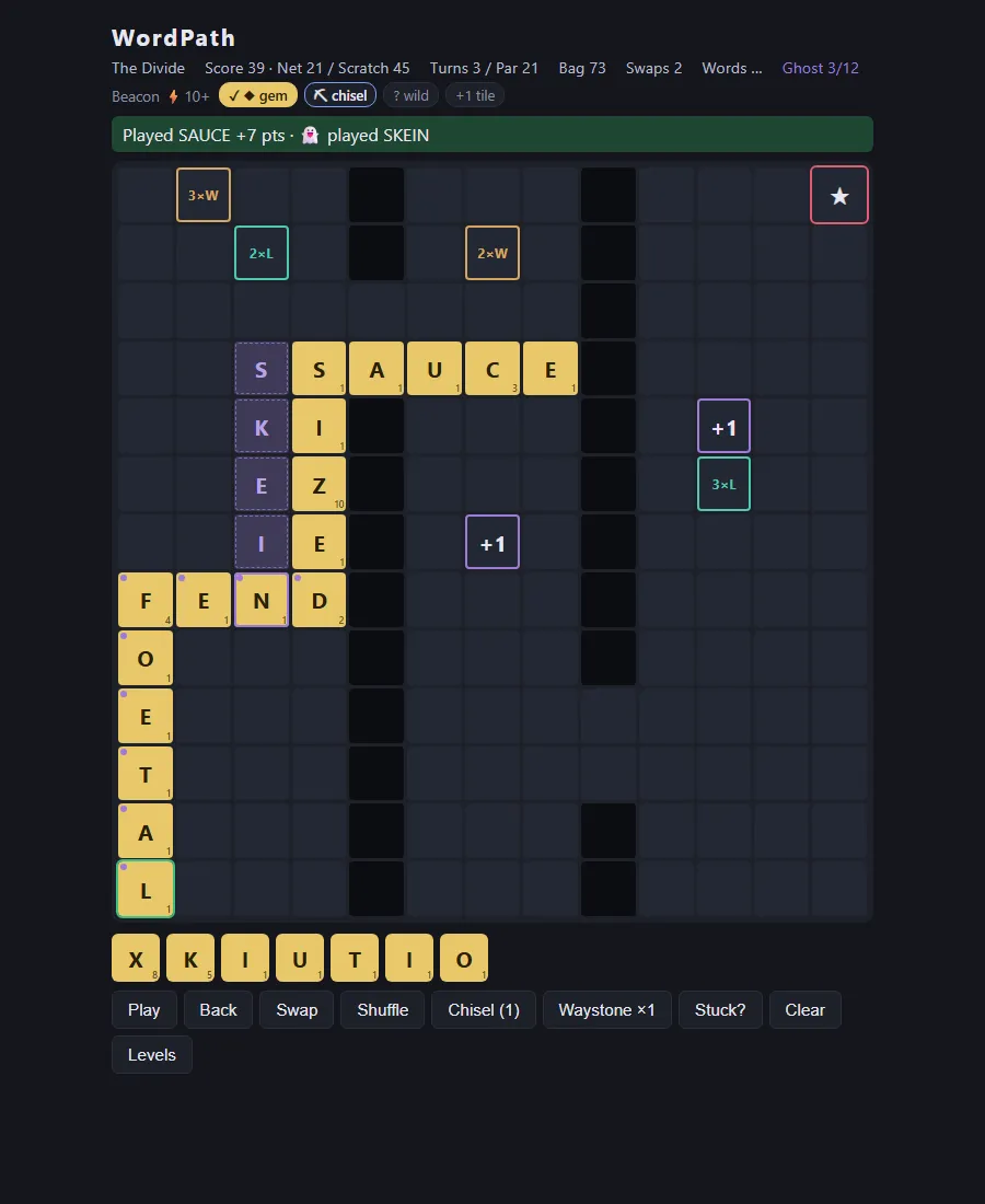 Web version mid-game: words connecting across the board toward the goal