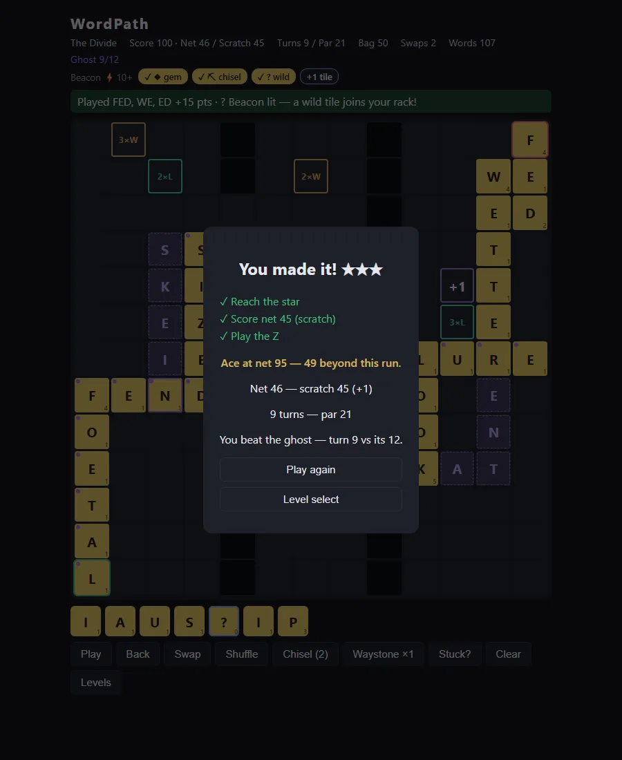 Web version: level complete with three stars
